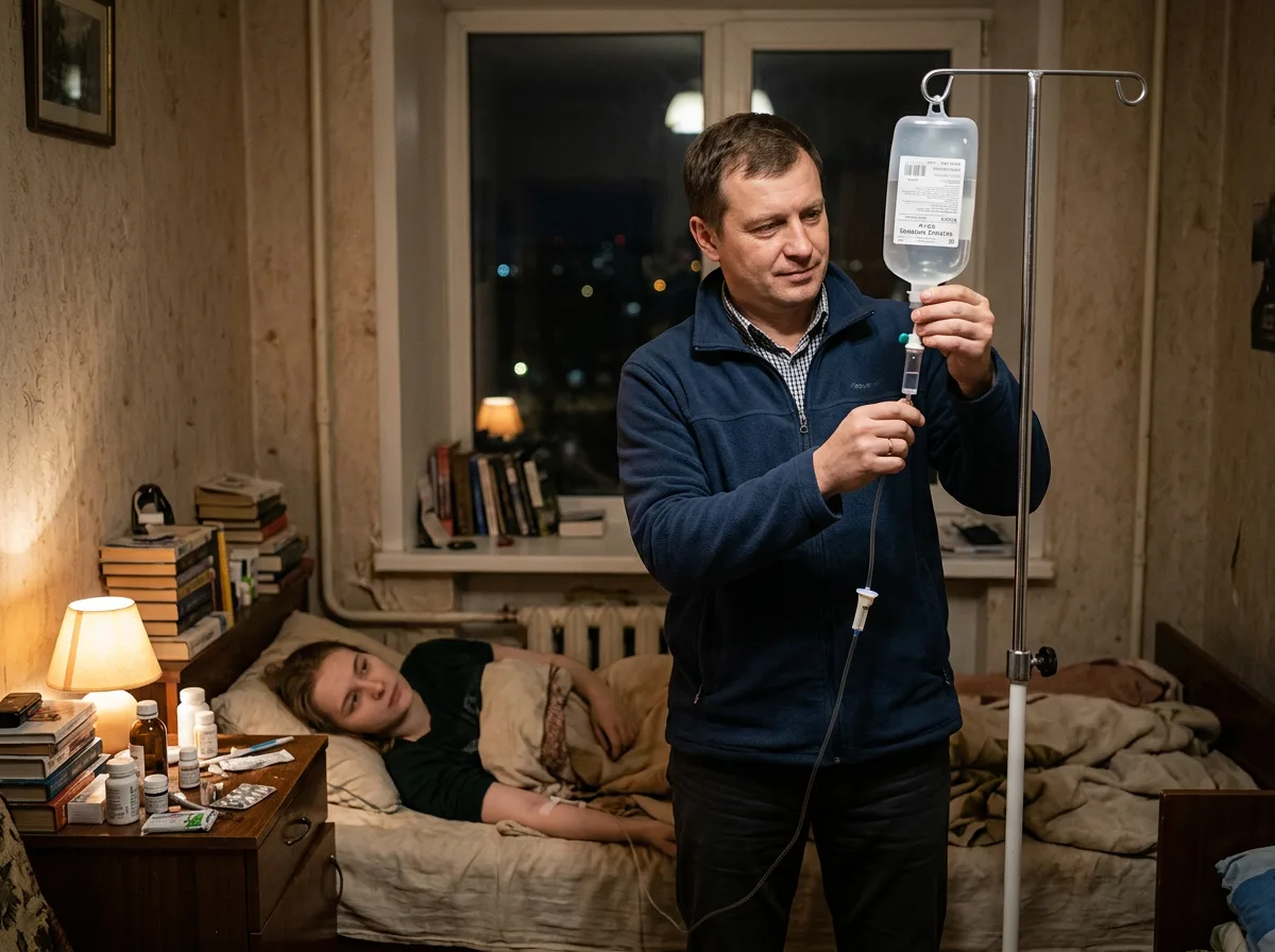 Врач-нарколог в гражданской одежде готовит капельницу для пациента в домашних условиях, тёмная атмосфера доверия и заботы, ночной выезд, Воронеж