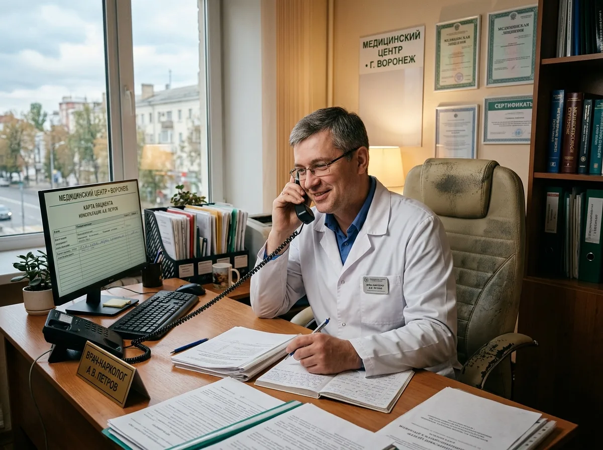 Врач-нарколог за рабочим столом, принимает звонок пациента, медицинский центр Воронеж, тёплое освещение, атмосфера помощи